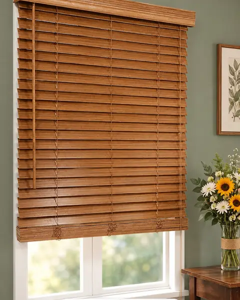 Persiana de madera color miel en ventana con flores